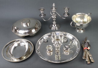 A circular silver plated tray 36cm, a pedestal cup and minor plated wares 