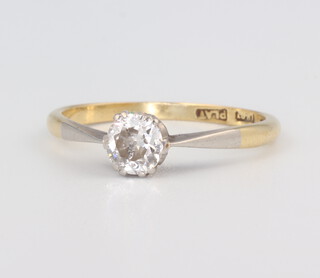A yellow metal stamped 18ct mine cut single stone diamond ring approx. 0.5ct, 2.4gms 