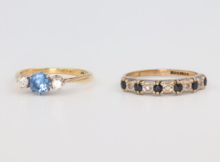 Two 9ct yellow gold gem set rings, size K and K 1/2. 3.6gms