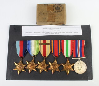 A Second World War medal group to J E Boden comprising 1939-45, Africa with North Africa 1942-43 bar, Burma and Italy Star and British War medal together with posting box, mounted   