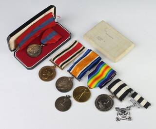 A First World War pair of medals to 14008 A.E.Giles.CK.MTE.R.N, together with a Special Constabulary medal to Albert E Giles with original posting box and silver sports fob, together with an Imperial Service medal cased and a St John Long Service medal to Edith Earl boxed