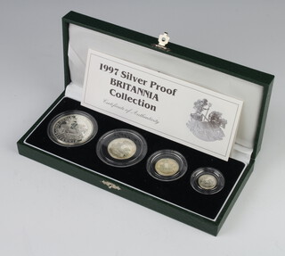 A United Kingdom Britannia silver proof coin set 1997 comprising 2 pounds, 1 pounds, 50 pence and 20 pence, 59gms  