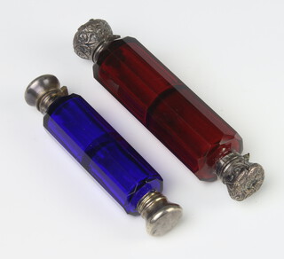 A white metal mounted red glass double ended scent bottle, 12cm, a blue ditto 10cm