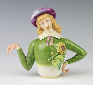 A rare 1882 Royal Worcester porcelain aesthetic "Patience" teapot, designed by R W Binns, the cover in the form of a double sided head, male and female, the male with a sunflower to his lapel, the female with an arum lily to the other, the spout modelled as one arm with two thumbs and one arm with the handle with no thumb, the body painted green, the hat painted purple with printed mark to base "Fearful consequences through the law of natural selection and evolution of living up to one's teapot", marked Budge modelled by James Hadley, with label for the C E Hanley collection numbered 19L, registration mark to base December 1881 and T mark for 1882, 15cm. The design of the teapot is a critique of the Aesthetic Movement and inspired by the Gilbert and Sullivan satirical operetta "Patience".