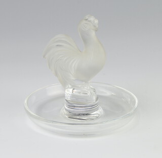 A Lalique glass pin tray in the form of a cockerel, marked lalique france 10cm 