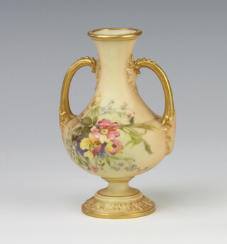 A Royal Worcester blush porcelain 2 handled baluster vase decorated with flowers no.2021 14cm 
