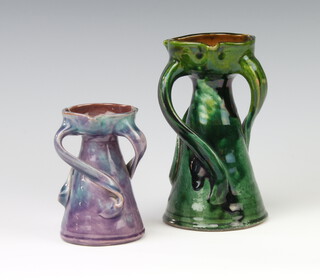 A Brannam Barum Art Nouveau ceramic vase with twist handles 16cm, a ditto 11cm