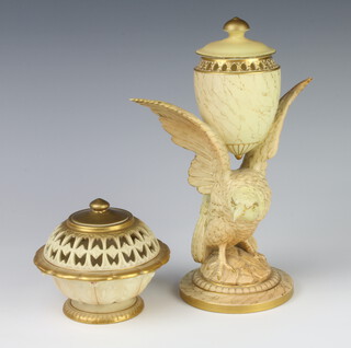A Royal Worcester blush porcelain vase/potpourri in the form of a bird carrying an ovoid cup no.471 20cm, a ditto potpourri no.G76 9cm (both restored)