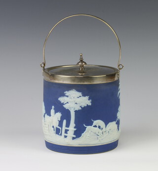 A Wedgwood blue jasperware biscuit barrel with plated mounts and hunting scene 14cm 