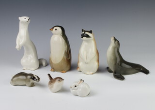 A Russian porcelain figure of a penguin 15cm, 6 other animals