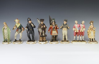 Eight Capodimonte Gilbert and Sullivan operatic  figures - Sergeant of Police 24cm, Jack Point 26cm, Iolanthe 21cm, Sir Despard Murgatroyd 22cm, The Pirate King 29cm (broken sabre), Marco and Giuseppe Palmieri The Gondoliers 23cm, Patience 22cm and Ko-Ko 24cm, all modelled by B Merli and on rococo bases  