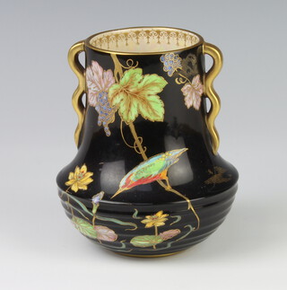 A Carlton Ware Noire Royale black ground vase decorated with birds and leaves, original label 1593, 13cm 