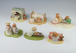 Six Royal Doulton Brambly Hedge figure groups - The Bride and Groom DBH44 11cm, The Spring Story Collection "Where are Basil's Trousers" DBH50 9cm, Happy Birthday Wilfrid DBH45 7cm, Wilfrid and The Toy Chest DBH35 money box 10cm, Heading Home DBH48 8cm and The Ice Bull DBH30 10cm 