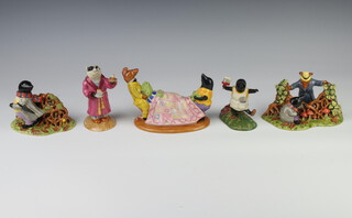Six Royal Doulton Wind in The Willows figures - No Amount of Shaking WW3 11cm, Ratty is that really you WW10 11cm, Who is this time WW6 14cm, The Delight of Spring WW1 10cm and Every hole possessed a face WW9 11cm 