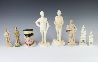 An early 20th Century tobacco jar in the form of a soldier 15cm, 2 crested figure groups, 3 bisque soldiers and 2 white glazed ditto 