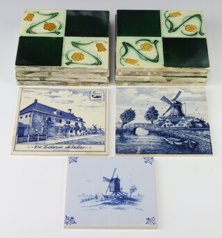 Nine Minton Art Nouveau tiles decorated with stylised flowers 15cm, 3 later blue and white ditto 