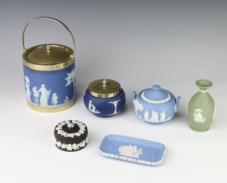 A Wedgwood blue jasperware biscuit barrel with plated mounts decorated with classical figures 15cm, a ditto preserve pot and lid, a vase, pin tray and 2 boxes 