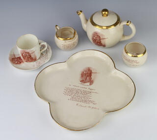 A MacIntyre Burslem Boer War breakfast set comprising quatrefoil tray (cracked and chipped), bulbous teapot, sugar bowl (cracked), jug (cracked) and a teapot and saucer (cracked and broken)  