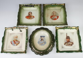 Four commemorative transfer print wall plaques of soldiers and an oval ditto of a sailor 