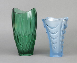 An Art Deco style blue glass vase 19cm, a Studio green glass vase 22cm