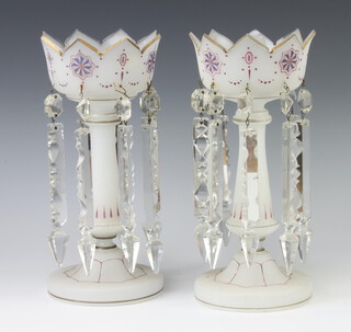 A pair of Victorian opaque and painted table lustres with faceted drops 