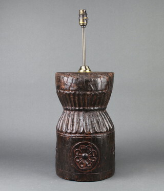 An 18th/19th Century carved African iron wood vase, converted to a lamp 36cm h x 21cm diam. 
