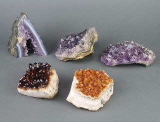Three various Geodes specimens - 13cm x 12cm x 6cm, 14cm x 8cm x 13cm and 11cm x 10cm x 5cm, together with 2 others 
