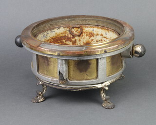Of Zeppelin interest, a compass bowl from L32 Zeppelin, converted for use as a fruit bowl, raised on a silver plated stand with metal liner and plated plaque marked "Compass bowl from L32, bought down at Billericay Essex, 24th September 1916" 13cm h x 29cm w x 24cm d 