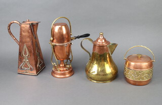 Unis, a French Art Nouveau copper and brass side handled coffee pot raised on a stand with burner 32cm h x 14cm, an Art Nouveau square embossed copper lidded jug 27cm x 11cm x 11cm (old repair marks in places), an Unton cylindrical copper and brass biscuit barrel decorated acorns 12cm x 12cm and a copper and brass jug 22cm x 15cm 