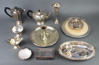 A 19th Century silver plated on copper rectangular box with bun feet and minor plated wares 