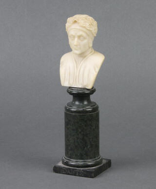 A carved white stone head and shoulders portrait bust of Dante, the base marked Dante 19cm h x 5cm w x 4cm d  