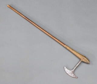 A 19th Century South African iron and hardwood war/battle axe, the iron head 12cm x 14cm, the hardwood shaft 81cm 