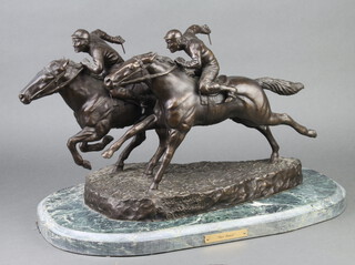 After Darrell Croker, a bronze figure group "Fast Finish" study of 2 race horses, raised on an oval base 37cm h x 60cm w x 34cm d, base marked Fast Finish, Darrell Croker 1987 