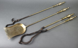 An Adam style gilt metal 3 piece fireside companion set comprising tongs, poker and shovel  