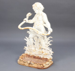 A Victorian style cast iron stick/umbrella stand in the form of a standing cherub with snake, the reverse marked Reg.Design 83cm x 46cm x 25cm 