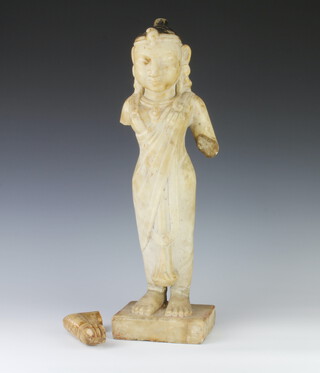 An 18th/19th Century Indian carved marble figure of a standing female Deity, raised on a rectangular base 59cm h x 17cm w x 12cm d 