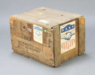 A 1956 United States of America Foreign Aid wooden packing case marked RMA and with 2 United States of America Foreign Aid paper labels 42cm h x 64cm w x 47cm d 