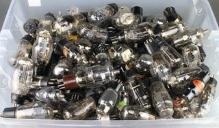 A large collection of Marconi, Mazda and other valves including military contained in a plastic crate 