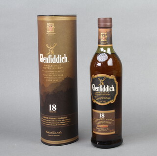 A 70cl bottle of 18 years old Glenfiddich single malt whisky, 40% vol., batch no 3469, contained in presentation cardboard box  