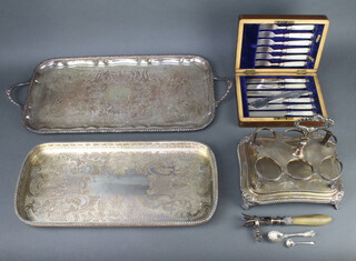 A Victorian oak canteen with fitted trays together with a cased set of plated fish eaters, a cruet stand and minor items  