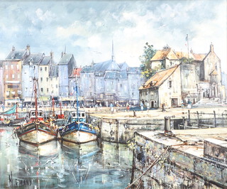 Michel Girard, born 1939, oil on canvas signed, French harbour scene with figures 52cm x 63cm  