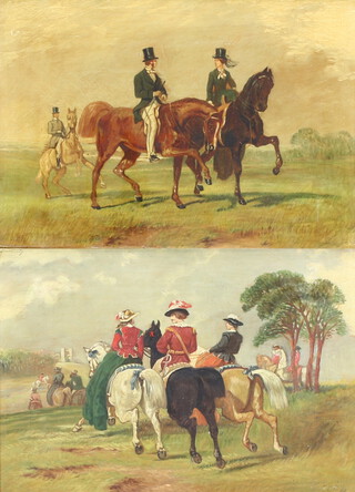 19th Century oils on canvas a pair, figures on horseback, unsigned, 21cm x 31cm 
