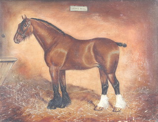 G M Hill, oil on canvas signed, study of a horse in a stable "General" 35cm x 44cm 