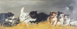 E F B. 98, oil on canvas, study of kittens amongst straw 32cm x 83cm 