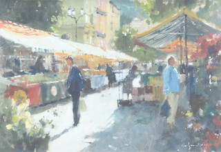 ** John Yardley born 1933, oil on board signed, Continental street market with figures 33.5cm x 49cm  **PLEASE NOTE - Works by this artist may be subject to Artist's Resale Rights 