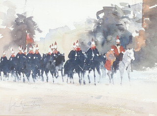 ** John Yardley born 1933, watercolour signed, soldiers on horseback, label on verso "Lifeguards" 17.5cm x 24.5cm  **PLEASE NOTE - Works by this artist may be subject to Artist's Resale Rights 