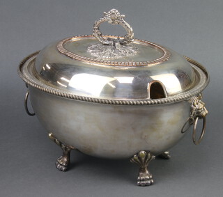 A silver plated oval tureen and cover with lion ring handles on paw feet 32cm 