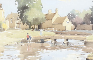 ** John Yardley born 1933, watercolour signed, village scene with figures beside a stream 29cm x 44cm **PLEASE NOTE - Works by this artist may be subject to Artist's Resale Rights 