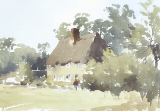 ** John Yardley born 1933, watercolour signed, study of a thatched cottage with figures 31cm x 45cm **PLEASE NOTE - Works by this artist may be subject to Artist's Resale Rights 