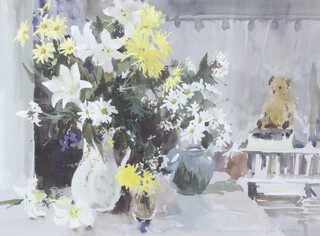 ** John Yardley born 1933, watercolour signed, still life vases of flowers and teddy bear 50.5cm x 68.5cm **PLEASE NOTE - Works by this artist may be subject to Artist's Resale Rights 
